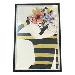 Marmont “Flawless” Floral Art Print Gold Stripes Flowers Framed 16x24 inches